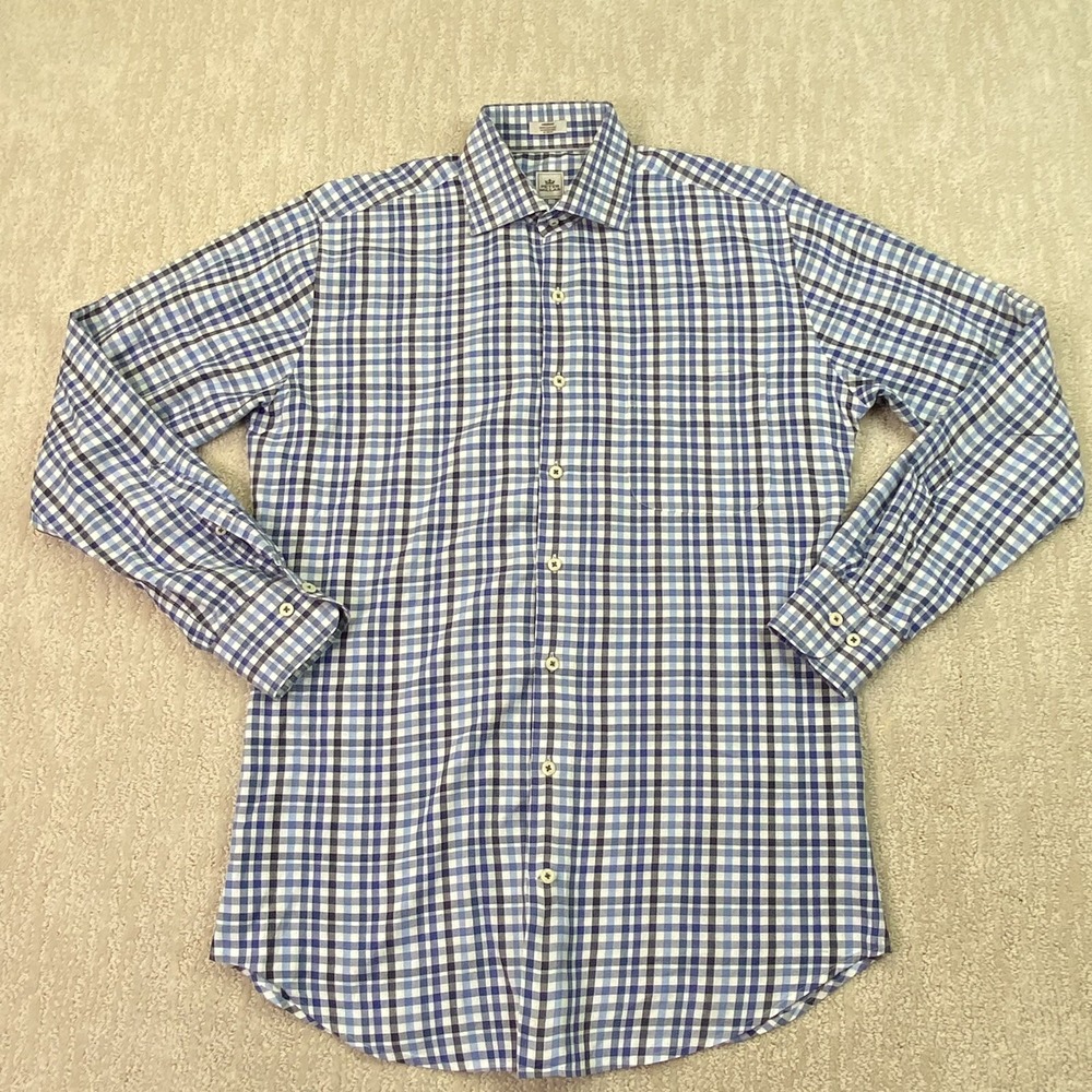 Peter Millar Shirt Mens Button Down Medium Blue White Check Long‎ Sleeve